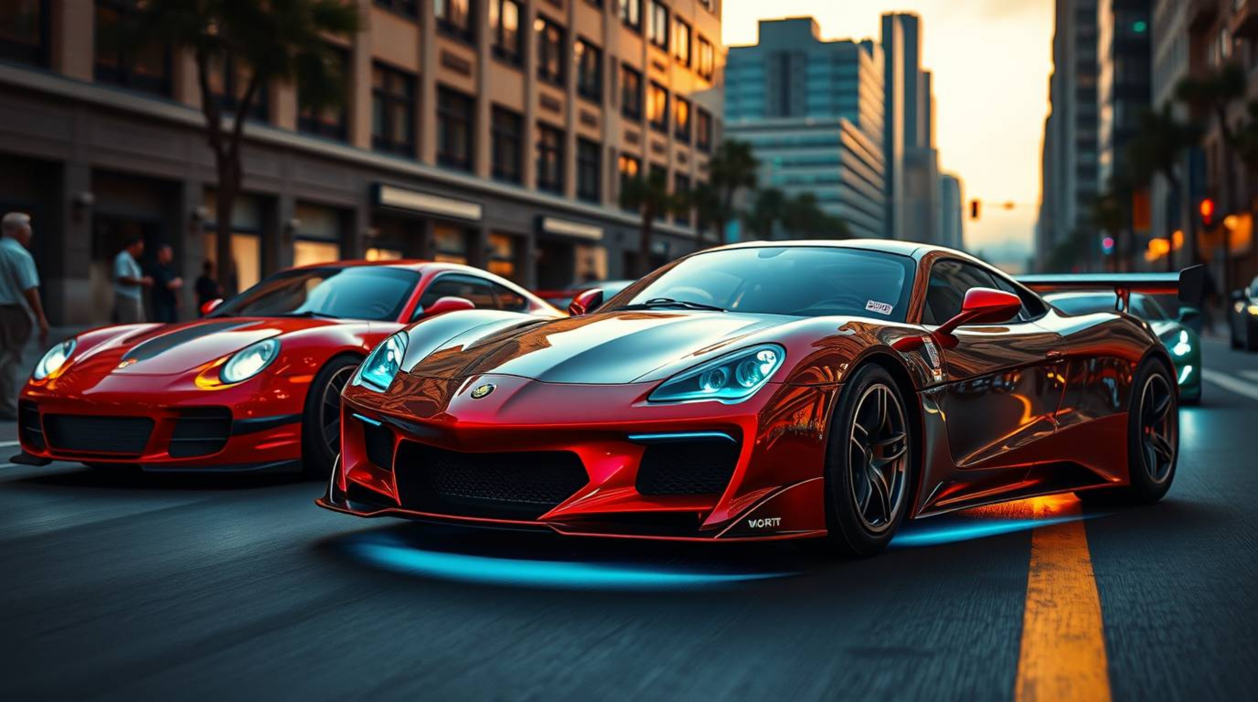 Experience a wacky racing scene set in a vibrant urban landscape, featuring outlandish cars glowing with mesmerizing biolumin