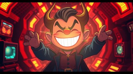 A whimsical light art piece depicts an adorable villain experiencing a hilariously chaotic meltdown in their futuristic lair.