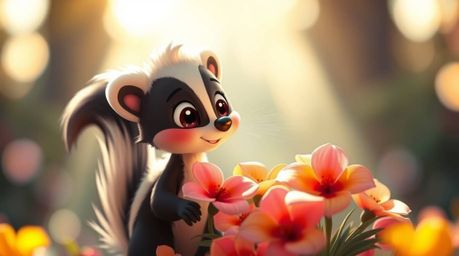 A playful cartoon skunk with a bushy tail gently sprays perfume onto vibrant pink and yellow flowers, creating a dreamy atmos
