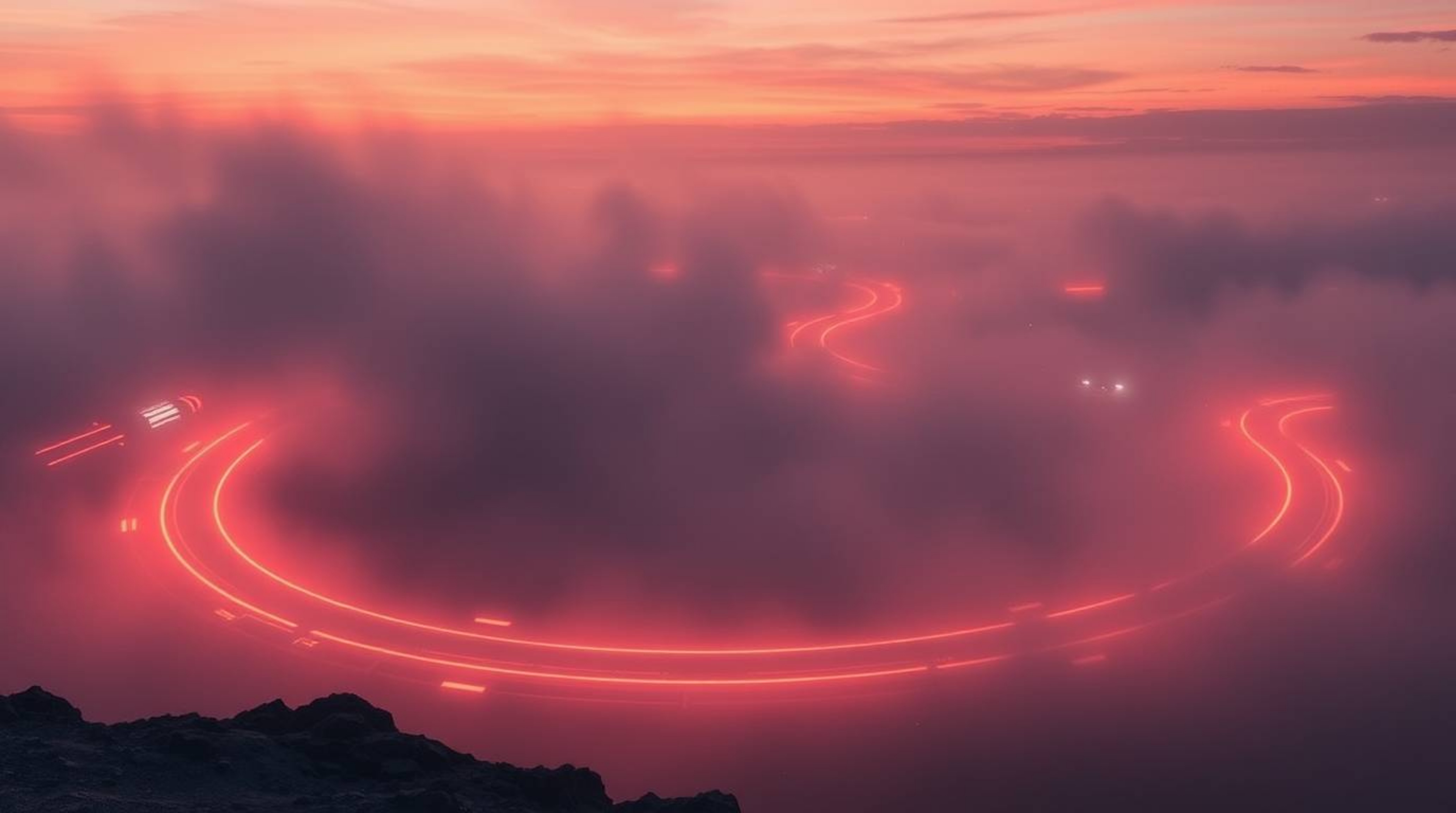 Immerse yourself in a futuristic sci-fi scene featuring a winding river emitting a mesmerizing glow beneath a dramatic orange
