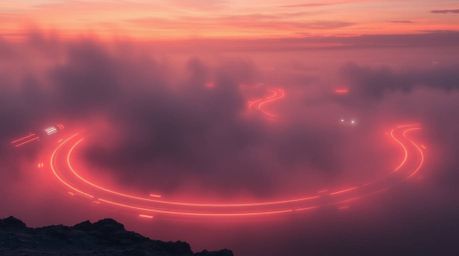 Immerse yourself in a futuristic sci-fi scene featuring a winding river emitting a mesmerizing glow beneath a dramatic orange