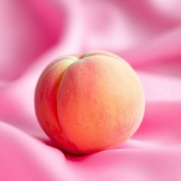 A captivating close-up ASMR aesthetic image showcasing a soft, blushing pink peach resting on silky pastel pink fabric.  The 