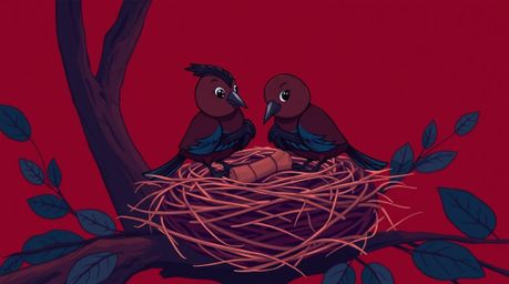 A captivating illustration showcases two cartoon birds meticulously constructing a nest in a classic animation style.  The ar