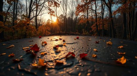 Experience the captivating beauty of an autumn forest bathed in the golden light of a dramatic sunset.  This image showcases 