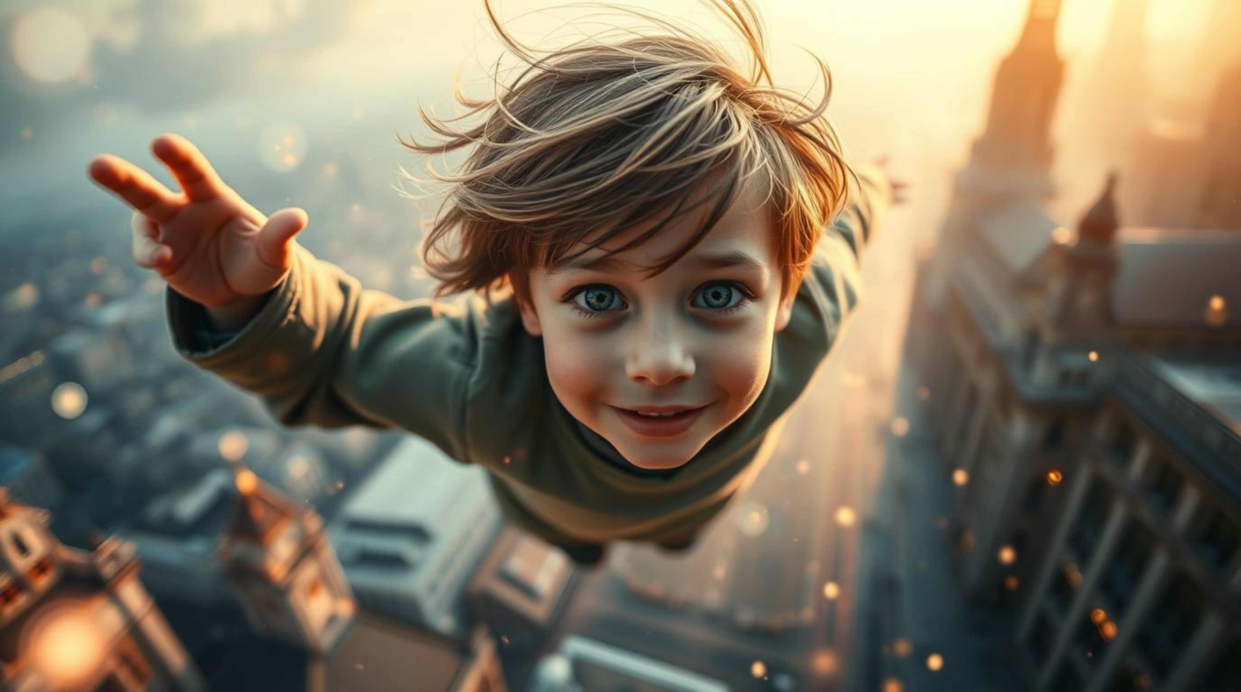 Experience a dreamlike scene of a young boy with windswept hair, soaring above London, propelled by glowing pixie dust. The s