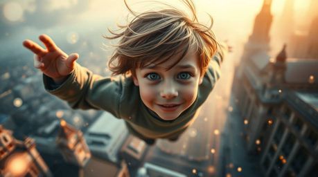 Experience a dreamlike scene of a young boy with windswept hair, soaring above London, propelled by glowing pixie dust. The s