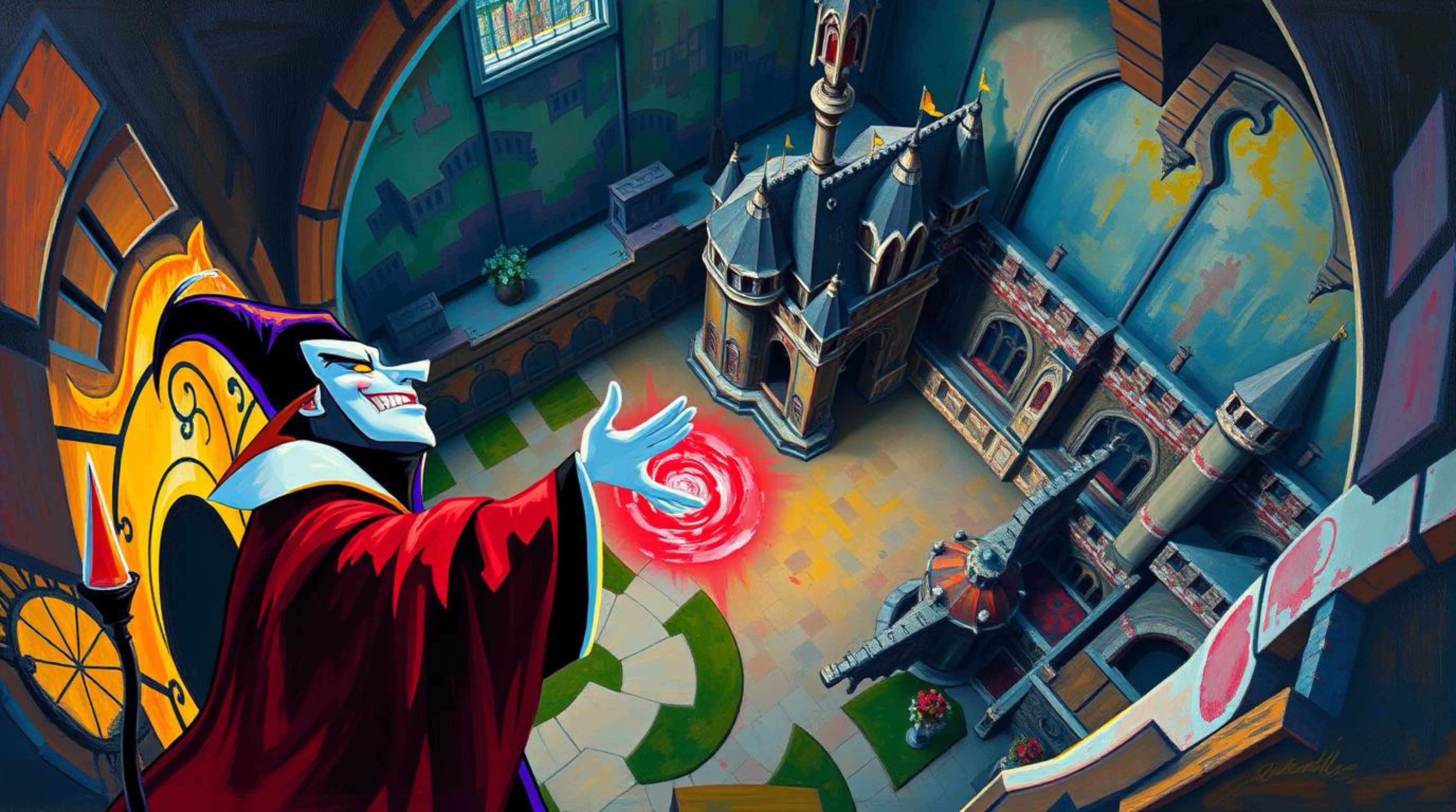 A bold acrylic painting capturing a classic Disney villain in the midst of casting a spell within the ancient walls of an old