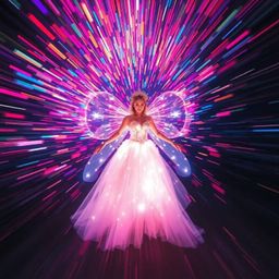 A captivating long exposure photograph showcases a fairy godmother emerging from a swirling vortex of vibrant, electric-color