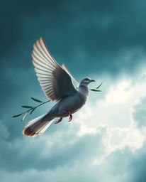 A powerful image depicting a dove carrying an olive branch amidst a turbulent stormy sky. The cool color palette of blues, gr