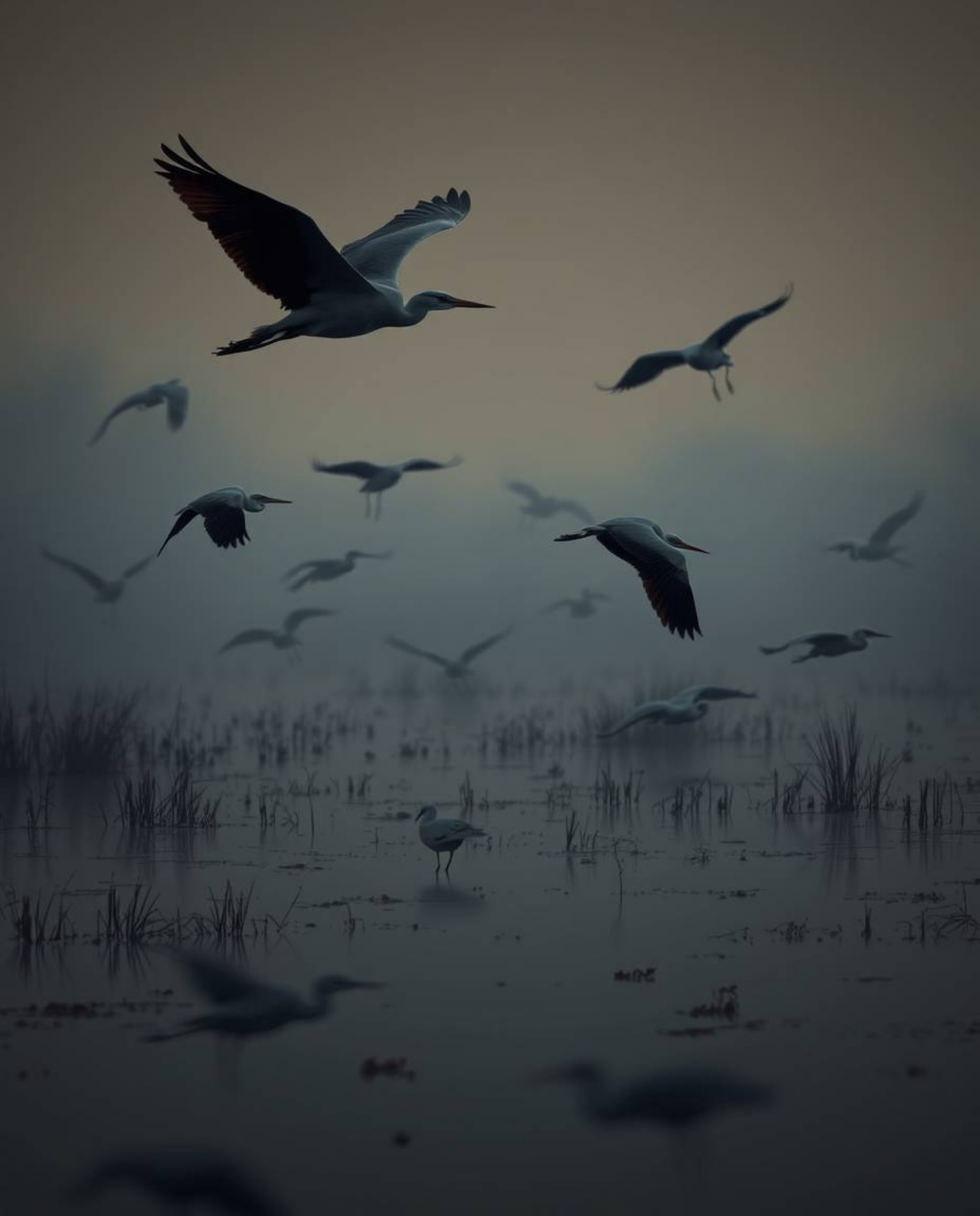 A dreamlike, intensely black and gold hour wetlands scene captures herons in flight. The image is characterized by deep shado