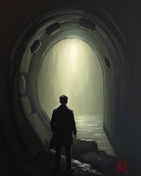 A captivating oil painting depicts a figure standing at the edge of a dark tunnel, gazing towards an ominous light source. Th