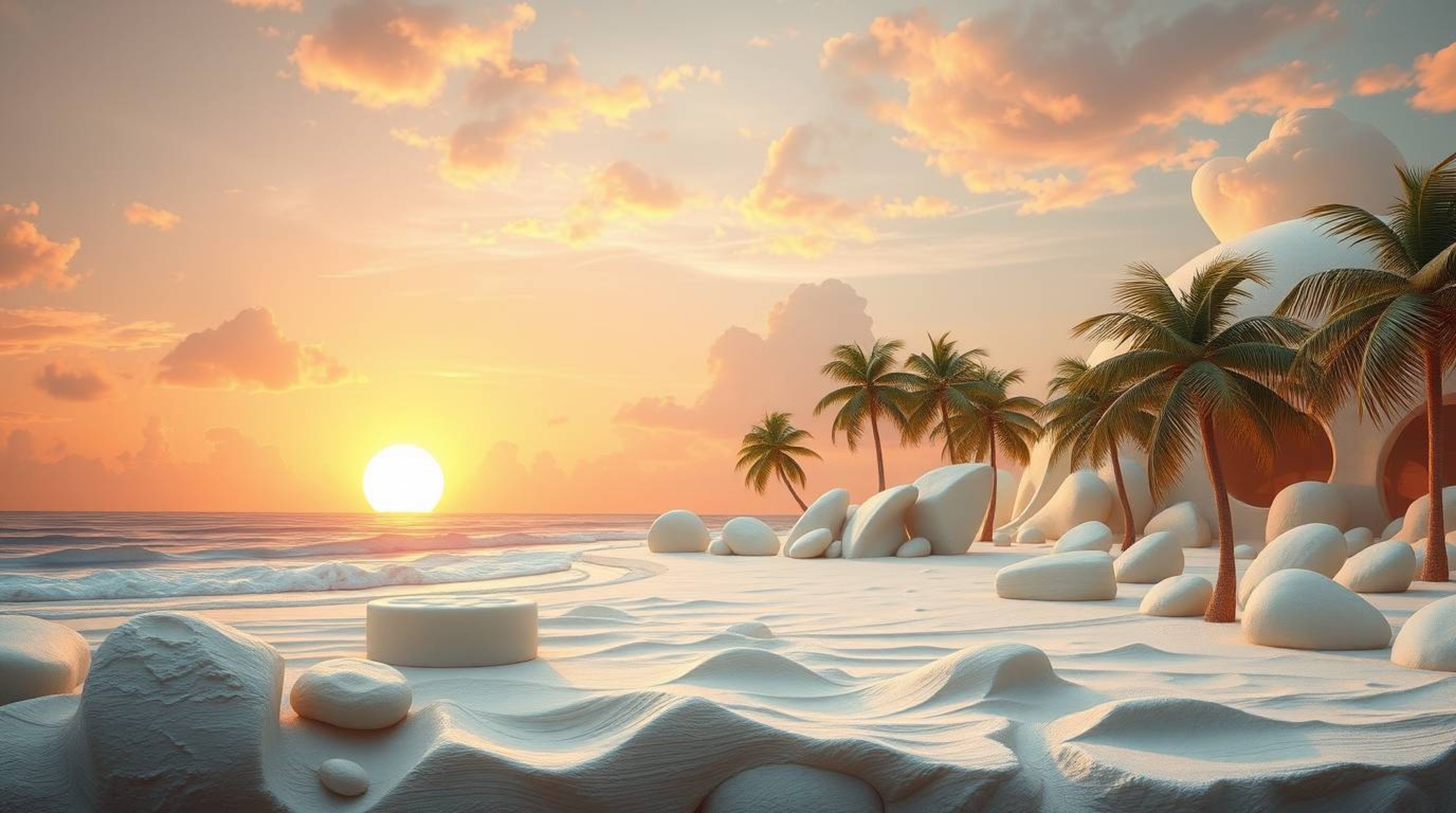 A breathtaking, large-scale clay sculpture depicting a serene tropical beach sunset.  Soft pastel colors and textured, modele