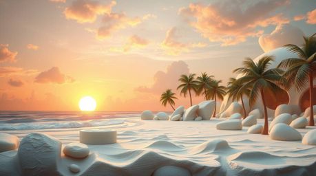 A breathtaking, large-scale clay sculpture depicting a serene tropical beach sunset.  Soft pastel colors and textured, modele