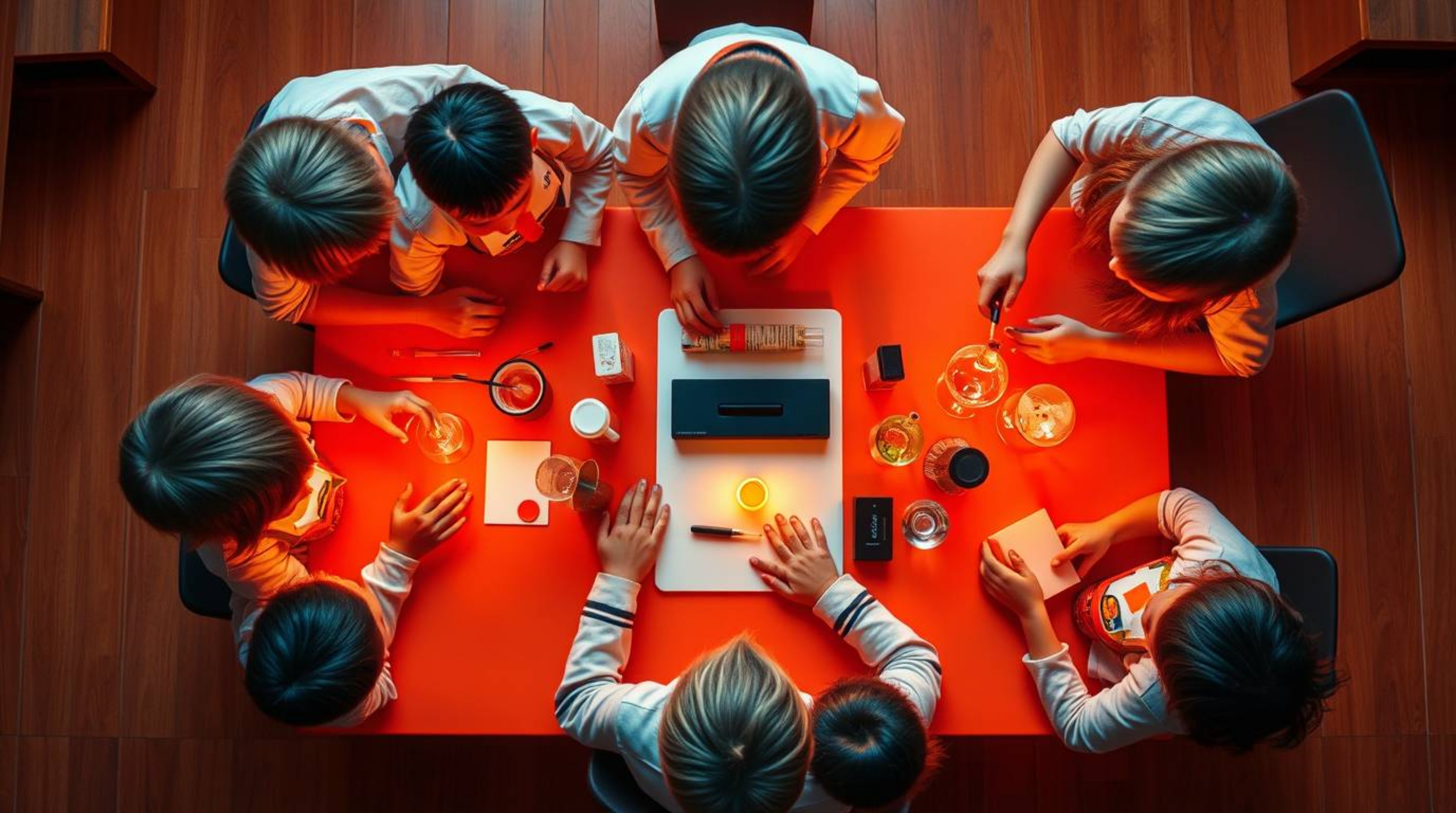 A warm-toned, bird's-eye view captures a group of quirky children in school uniforms enthusiastically performing experiments.