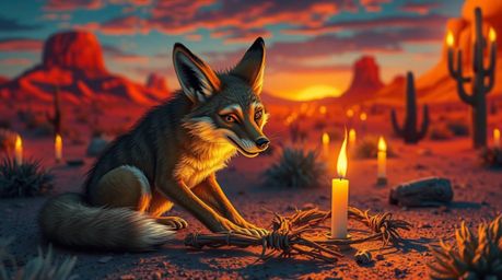 A comical coyote, with detailed fur, sets a ridiculous trap in a vibrant desert landscape illuminated by warm candlelight and