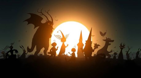 Explore a fantastical kingdom teeming with eccentric magical creatures, silhouetted against a vibrant backlight. The scene is