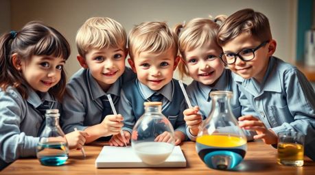 Capture the adorable and charming scene of a group of quirky children in school uniforms enthusiastically conducting experime