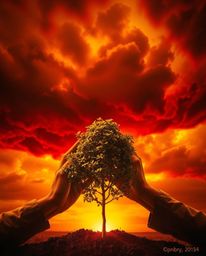 A dramatic image featuring hands delicately planting a tree beneath a captivating golden sky filled with stormy elements.  Th