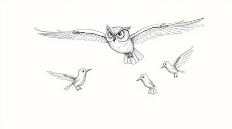 A charming hand-drawn sketch depicting a blind owl, rendered in the style of Pixar, guiding birds as they learn to fly. The b