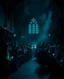 Explore a mesmerizing magical school teeming with young wizards, rendered in high contrast with low-key lighting.  A cool col