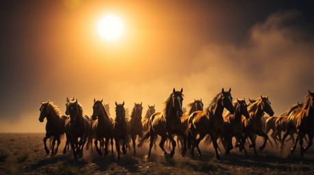 Witness a breathtaking scene of a herd of wild horses galloping beneath a glowing night sky. Bathed in intense, dramatic ligh