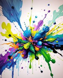 This artwork is a futuristic, sci-fi style abstract painting that captures a vibrant explosion of colorful paint splashes acr