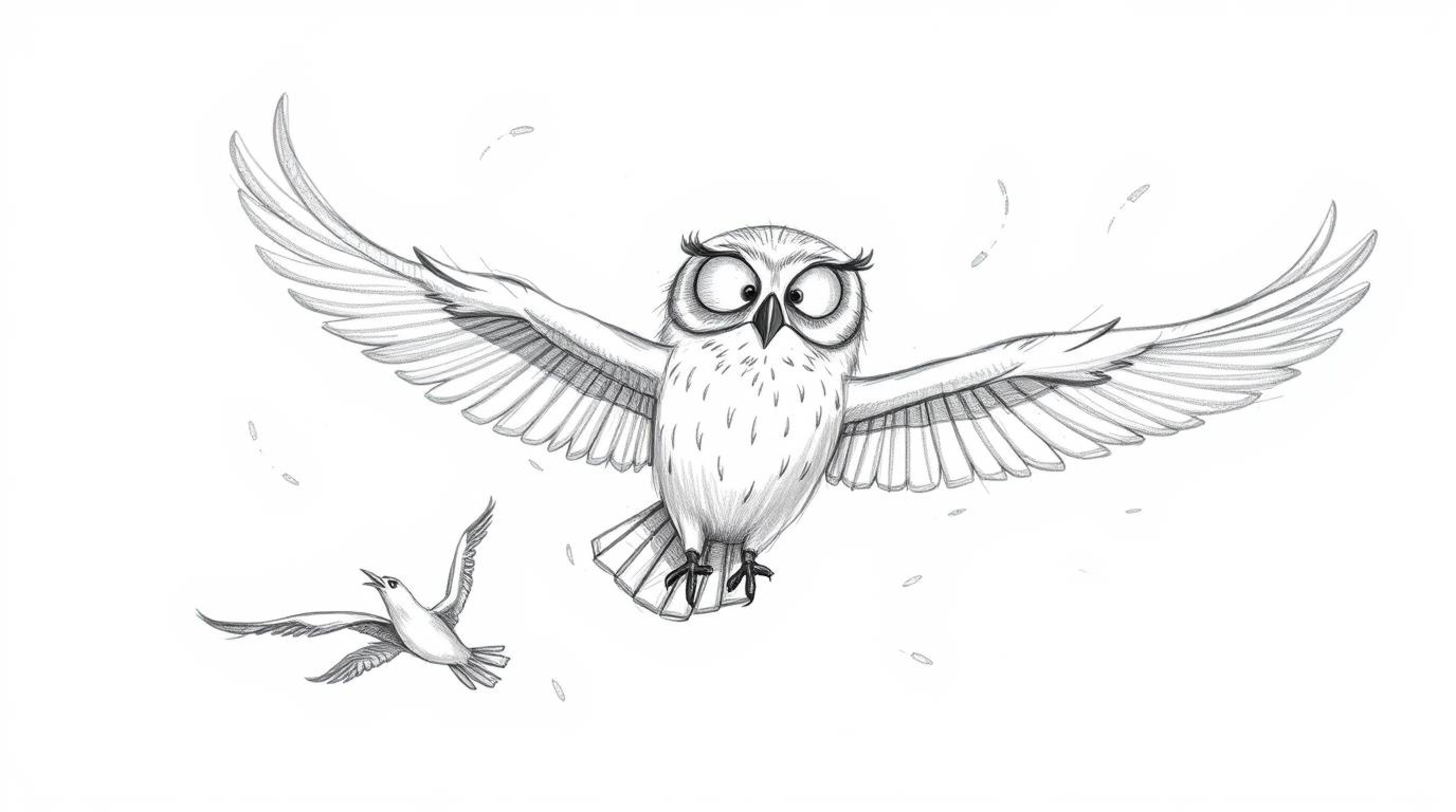A captivating hand-drawn sketch in the style of Pixar depicts a blind owl, rendered with soft, textured pencil strokes, magic