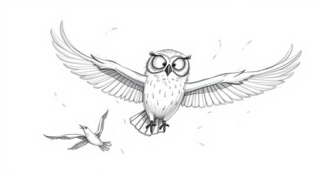 A captivating hand-drawn sketch in the style of Pixar depicts a blind owl, rendered with soft, textured pencil strokes, magic
