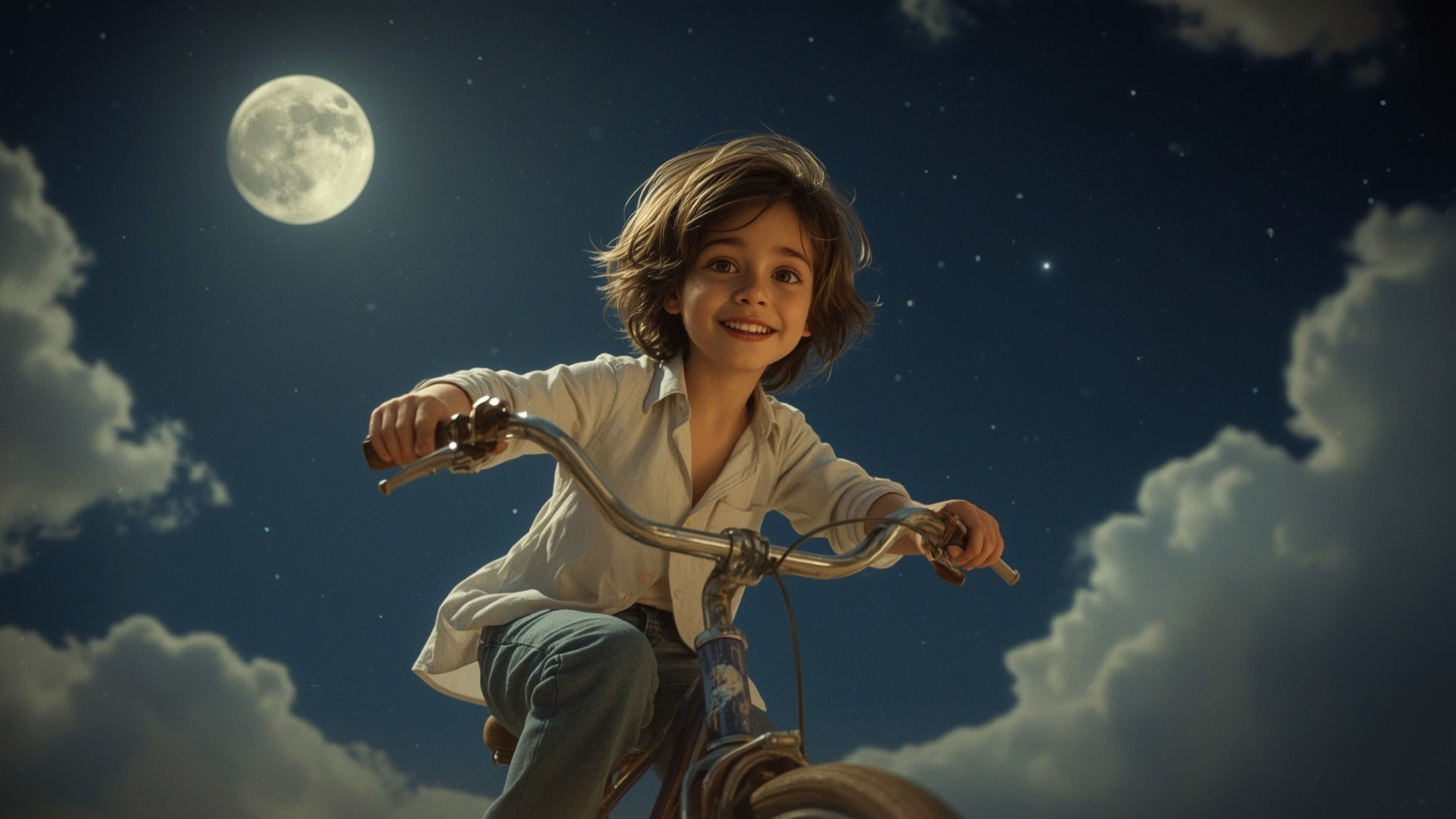 A vivid and dreamy cinematic photograph, created in a fantastical Pixar-inspired style, captures a bright-eyed, freckled-face