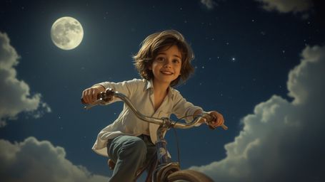 A vivid and dreamy cinematic photograph, created in a fantastical Pixar-inspired style, captures a bright-eyed, freckled-face