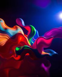 A visually striking abstract composition featuring intense, dramatic lighting. Colorful 3D fluid shapes dynamically interact 