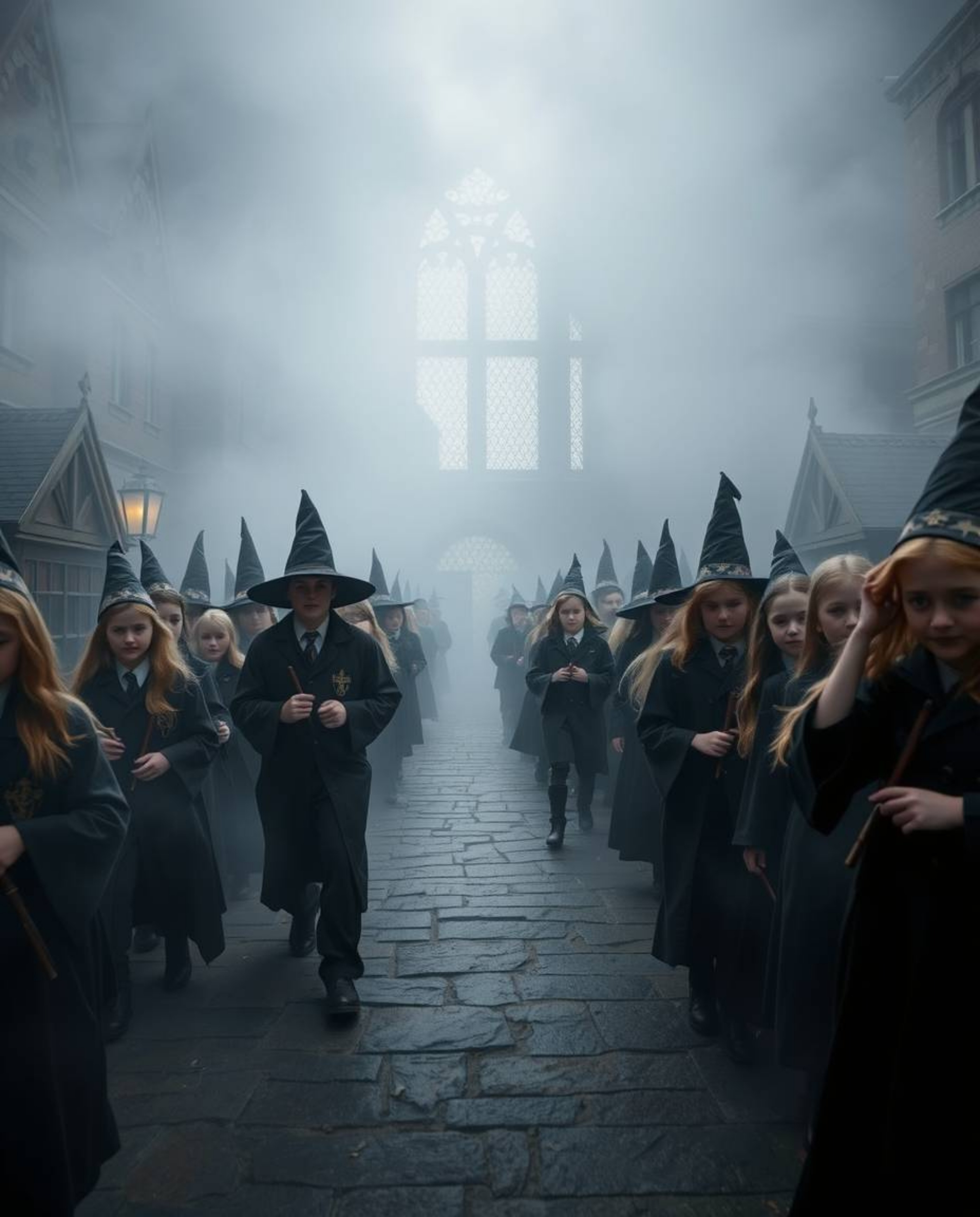A captivating scene of a magical school teeming with young wizards, rendered in a dramatic cinematic style. The thick, foggy 