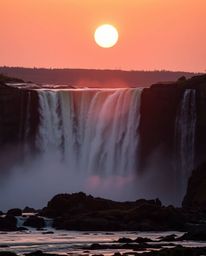A professional photograph, reminiscent of Associated Press style, depicts a sun setting behind a dramatic waterfall. The scen