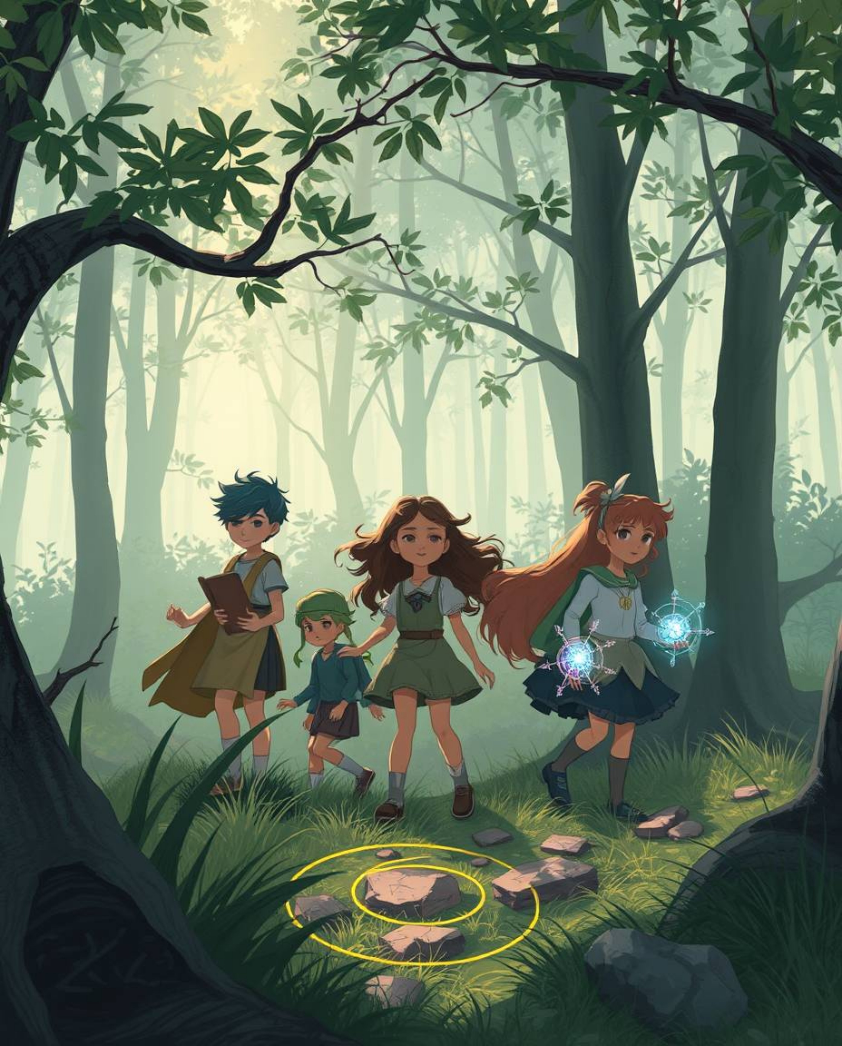 An illustration capturing a group of friends with unique powers as they embark on an adventure through a mystical forest. The
