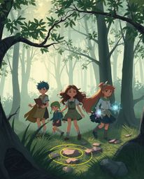An illustration capturing a group of friends with unique powers as they embark on an adventure through a mystical forest. The