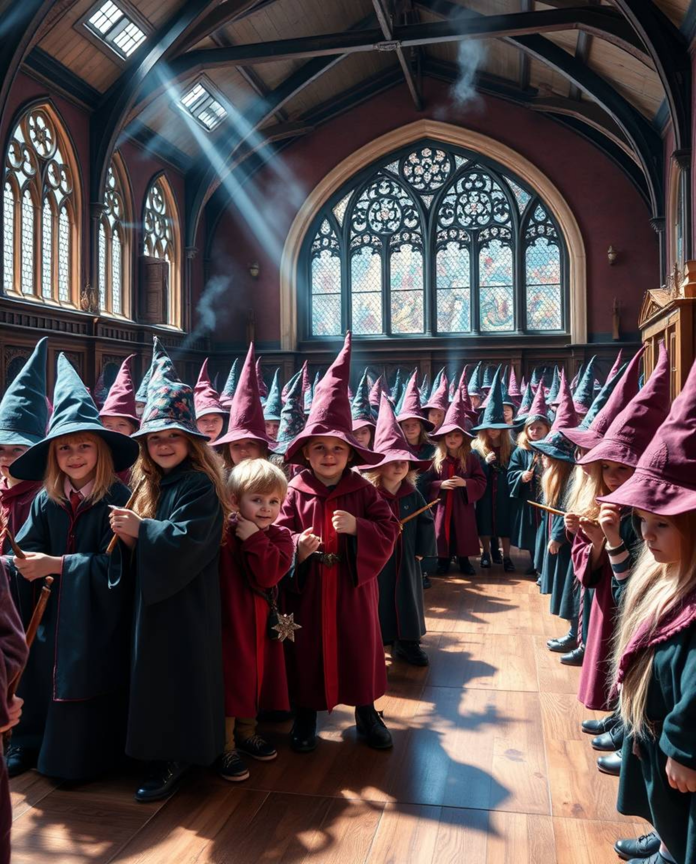 This high-resolution stock photo depicts a vibrant and magical school brimming with young wizards, radiating lively energy an