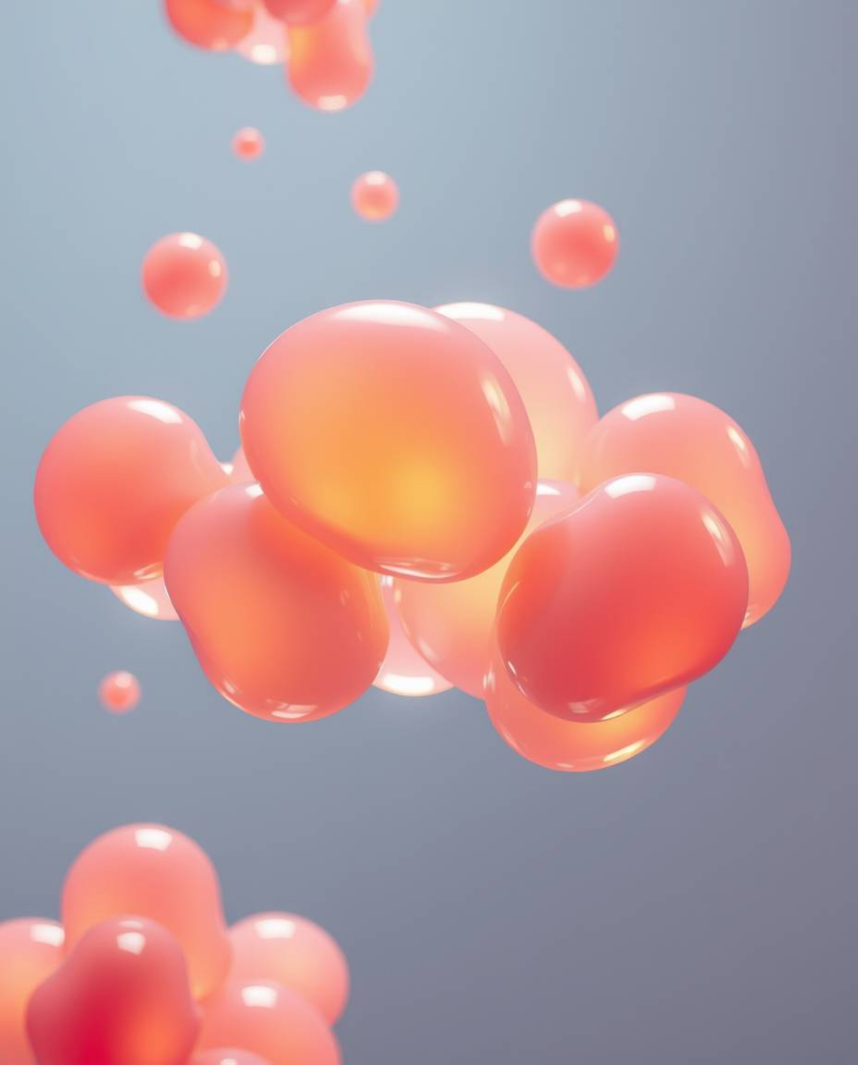 A captivating 3D render showcasing translucent, fluid organic blobs gracefully floating in the vast expanse of space. Gentle 