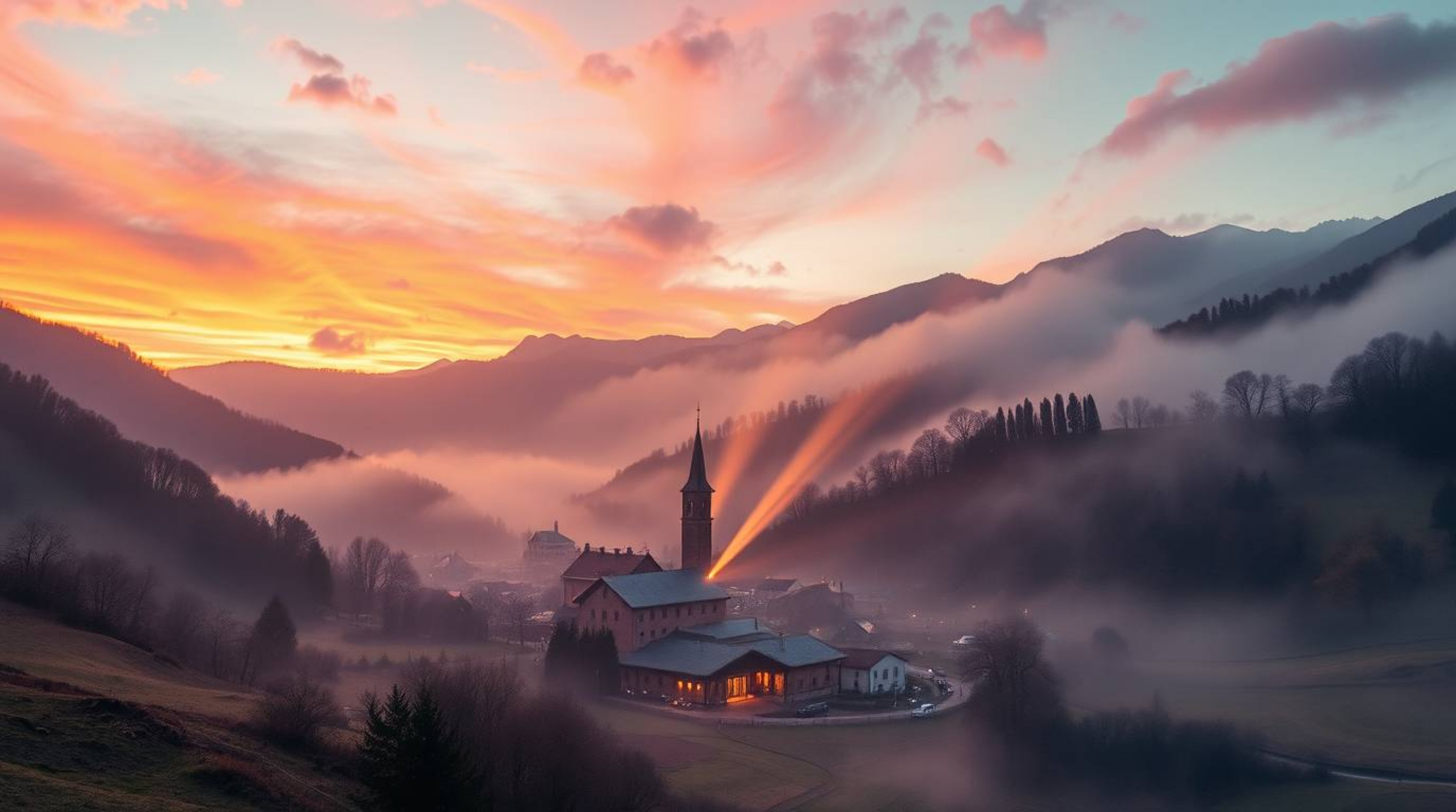 Escape to a serene, cozy village nestled in a picturesque valley.  Experience the magic of volumetric lighting, soft pastel c