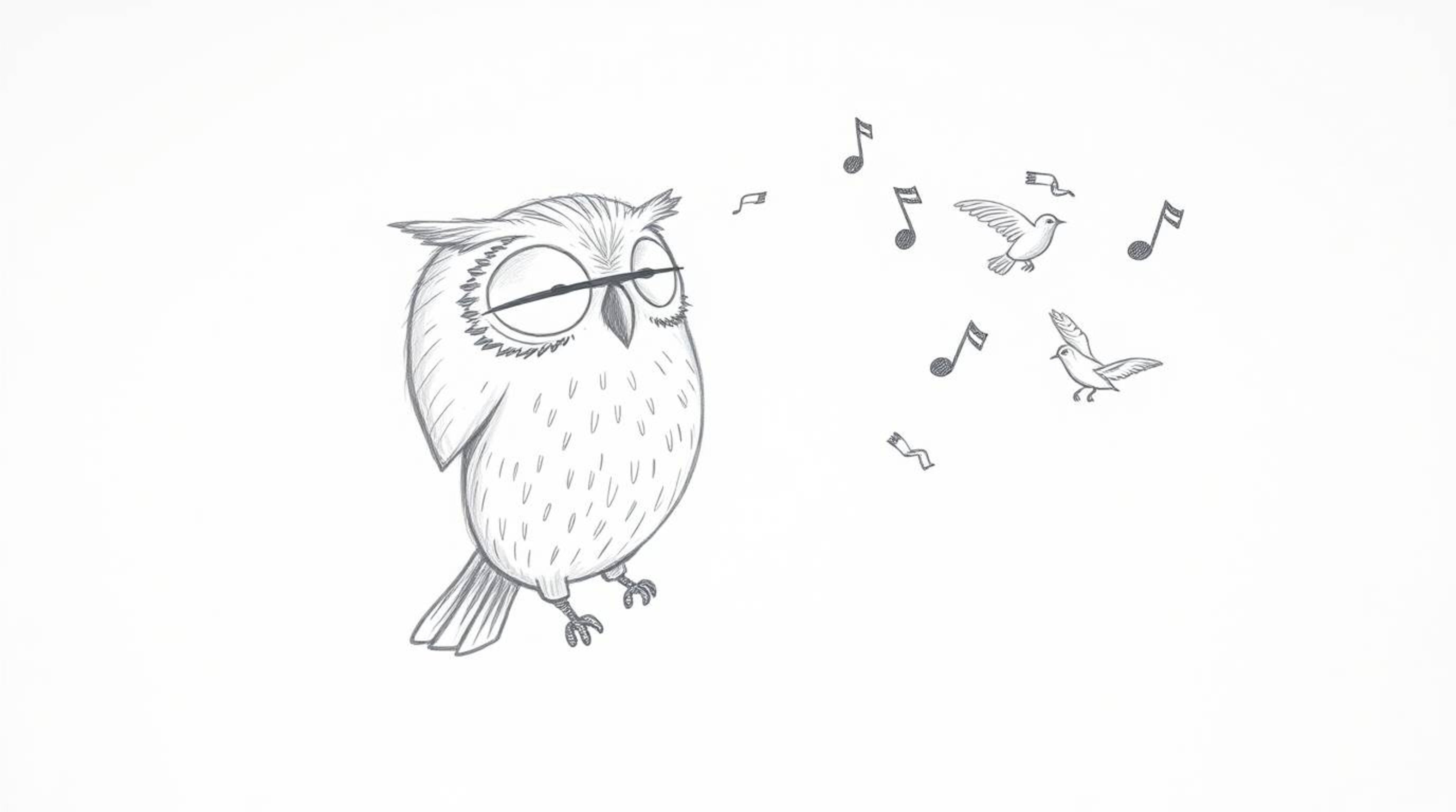 A heartwarming hand-drawn sketch depicts a blind owl, rendered in charming Pixar style, guiding birds in flight with gentle f