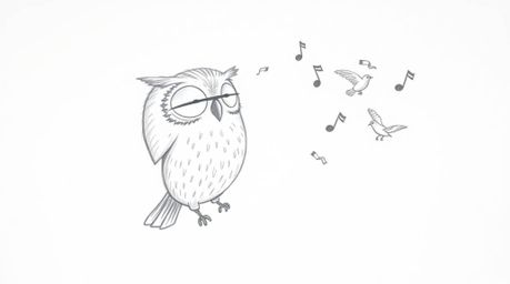 A heartwarming hand-drawn sketch depicts a blind owl, rendered in charming Pixar style, guiding birds in flight with gentle f