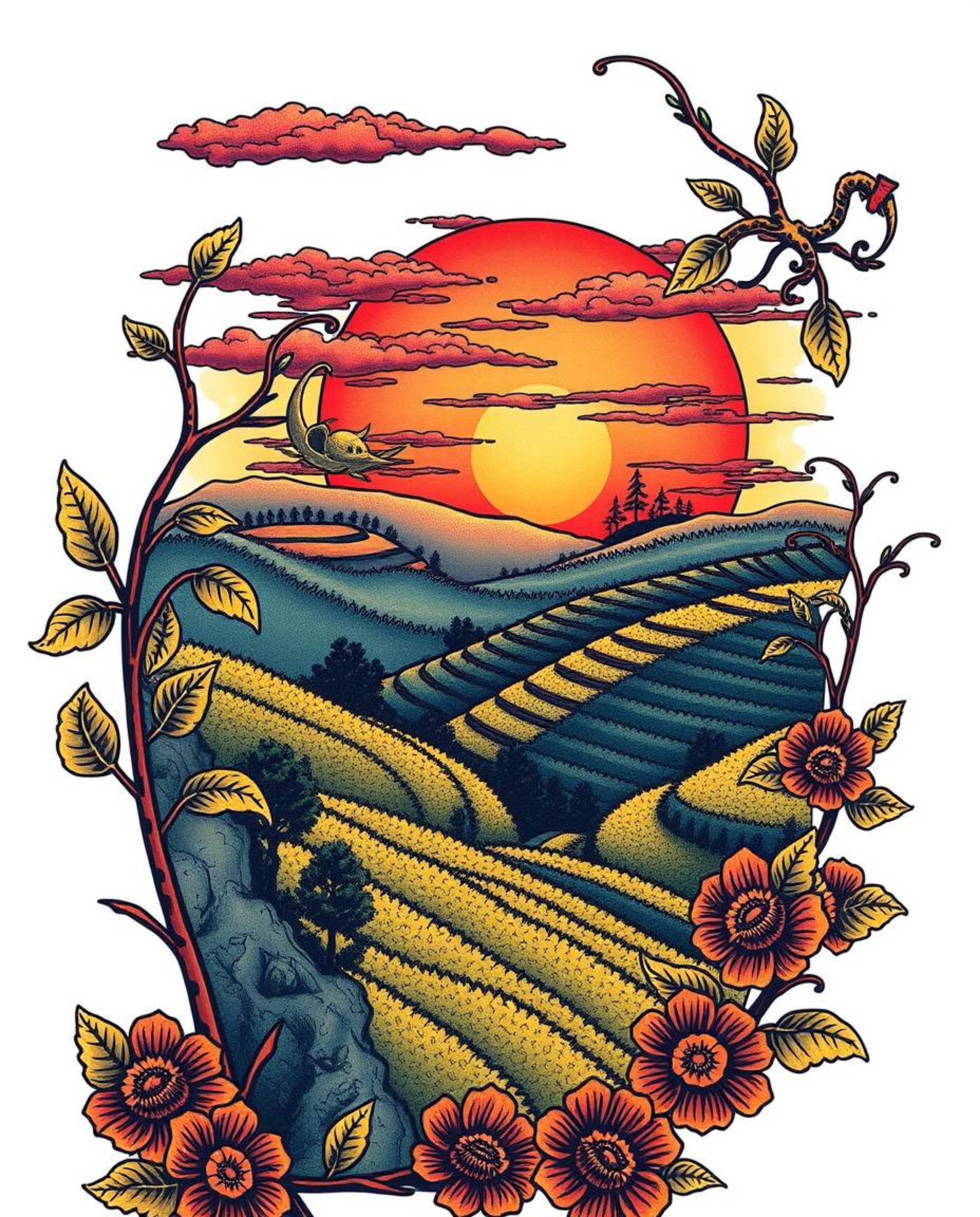 This is a traditional tattoo art print showcasing an extreme macro close-up of a sunset over terraced tea plantations. The ar