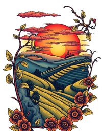 This is a traditional tattoo art print showcasing an extreme macro close-up of a sunset over terraced tea plantations. The ar