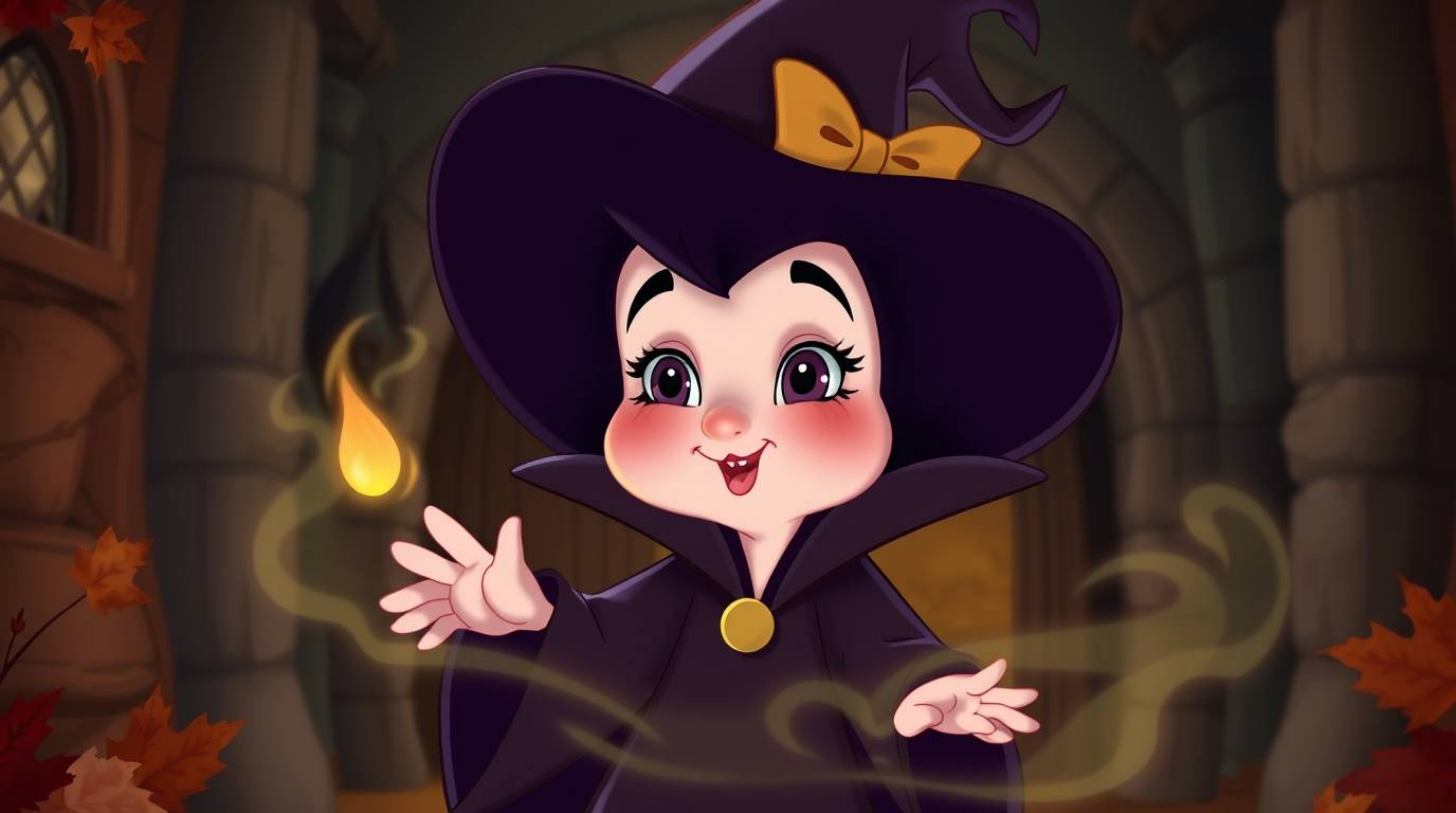 An adorable and charming take on a classic Disney villain, rendered with soft features and rosy cheeks, is depicted casting a