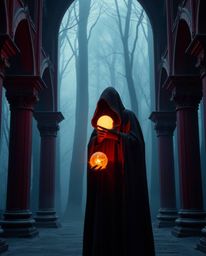 This precise architectural color photograph captures a cloaked figure holding a glowing orb within a misty forest, rendered i