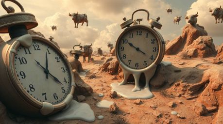 A high-angle perspective rendering of a surreal dreamscape featuring melting clocks and floating cows is presented in natural