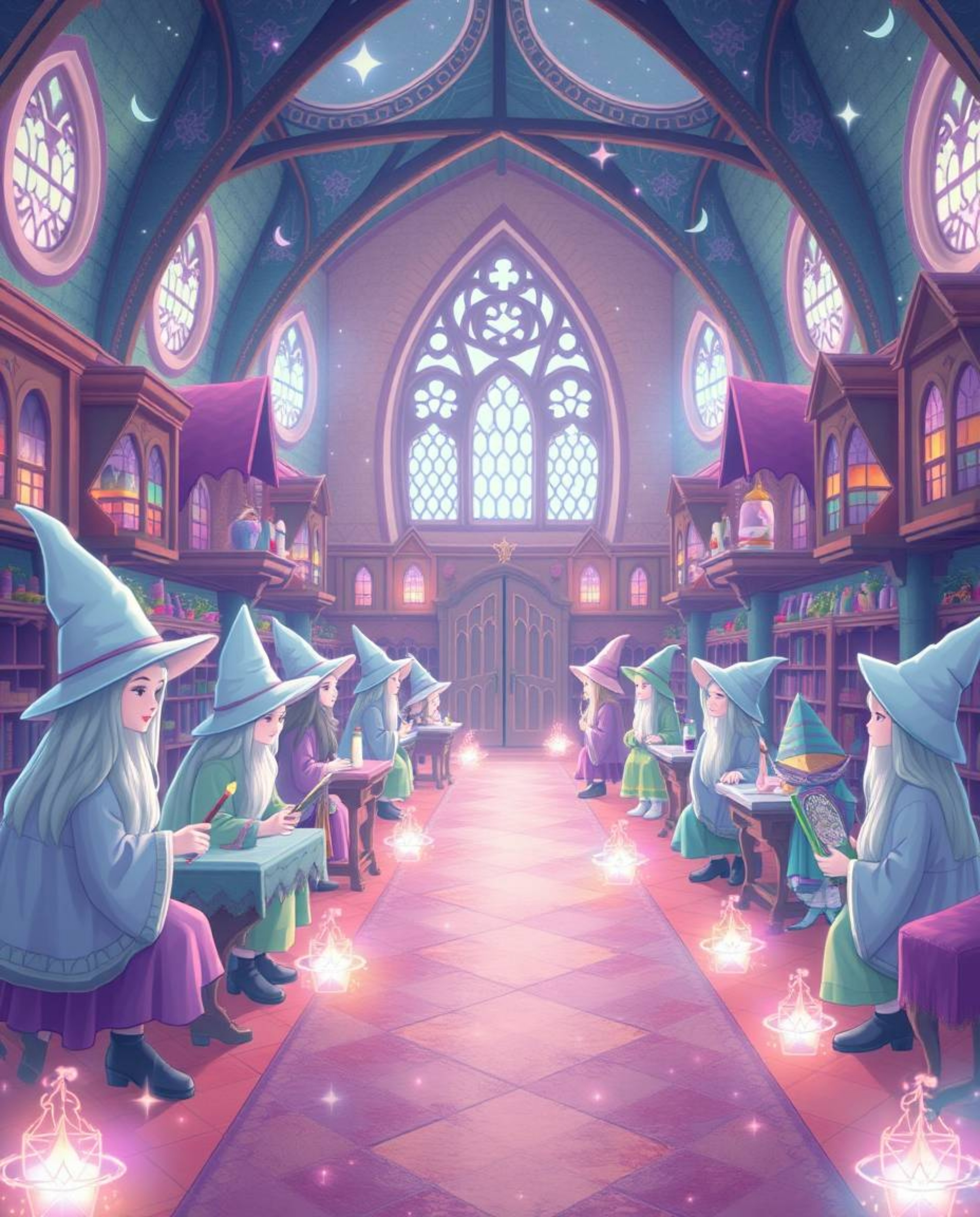 Discover a whimsical magical school brimming with young wizards, depicted in soft pastel hues.  The scene evokes an ethereal 