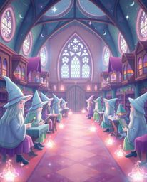 Discover a whimsical magical school brimming with young wizards, depicted in soft pastel hues.  The scene evokes an ethereal 