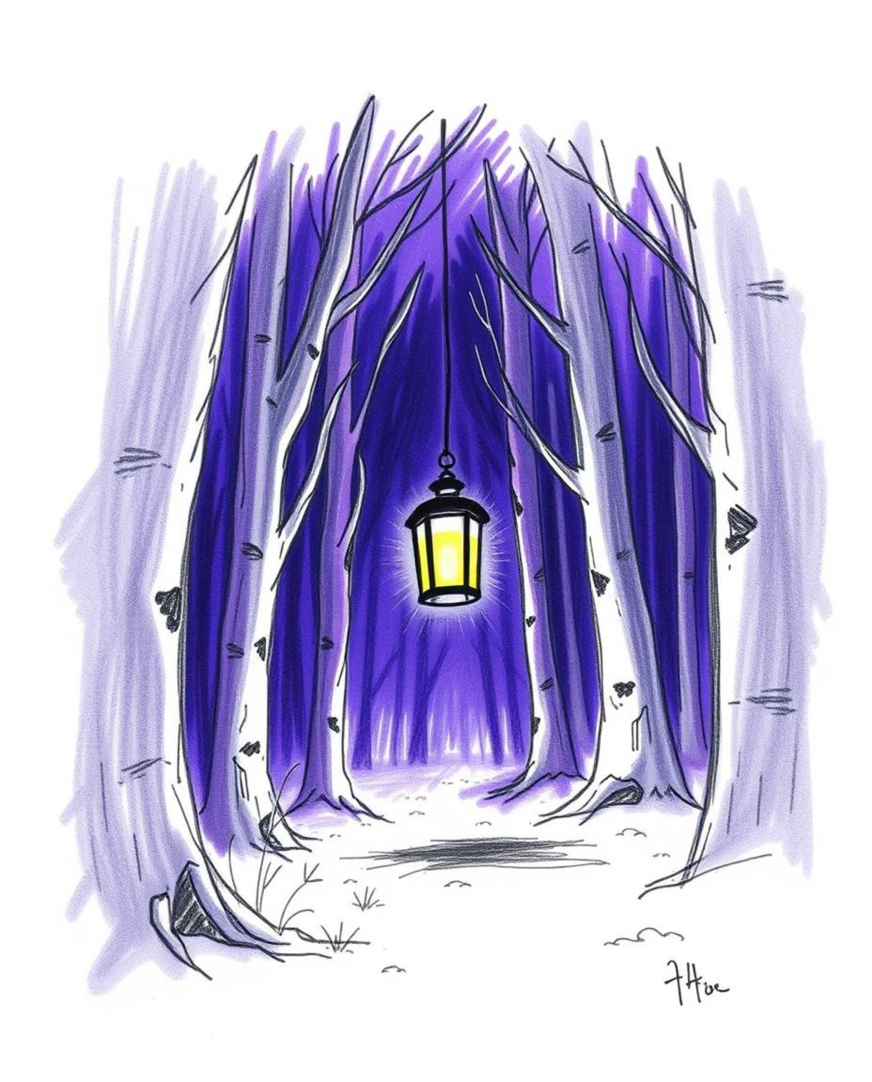 A captivating hand-drawn sketch depicts a glowing lantern in a dark forest.  Rendered in deep ultraviolet hues with high cont