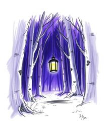 A captivating hand-drawn sketch depicts a glowing lantern in a dark forest.  Rendered in deep ultraviolet hues with high cont