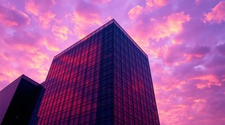 A modern glass building seamlessly merging into a warm golden hour sky, infused with deep ultraviolet hues. Soft clouds gentl